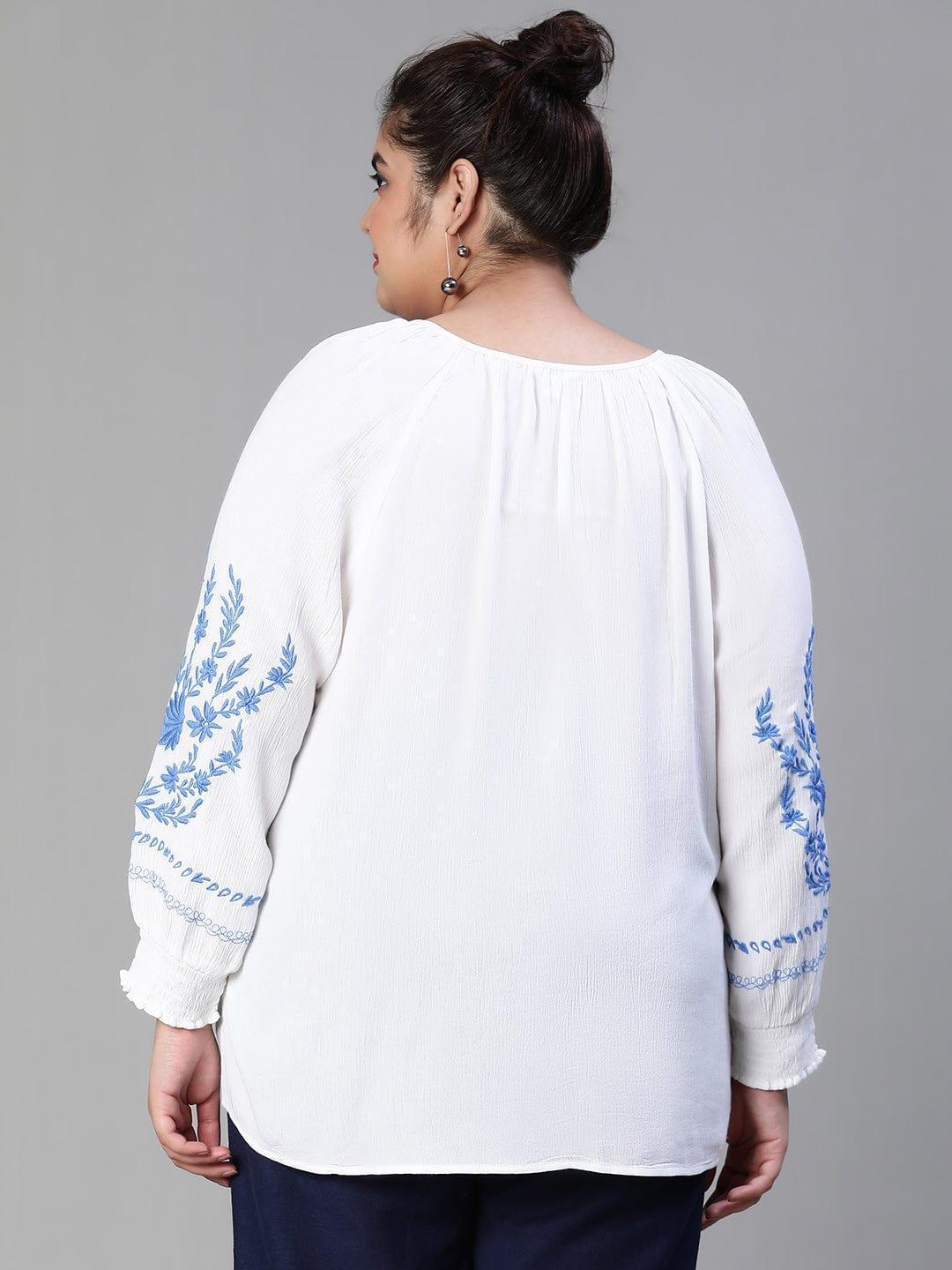 Blinged white embroidered plus size women Loopy Top - oxolloxo