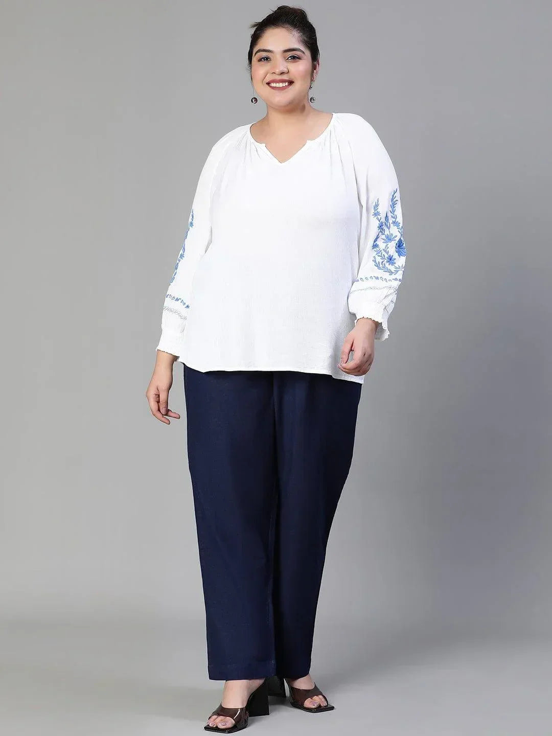 Blinged white embroidered plus size women Loopy Top - oxolloxo