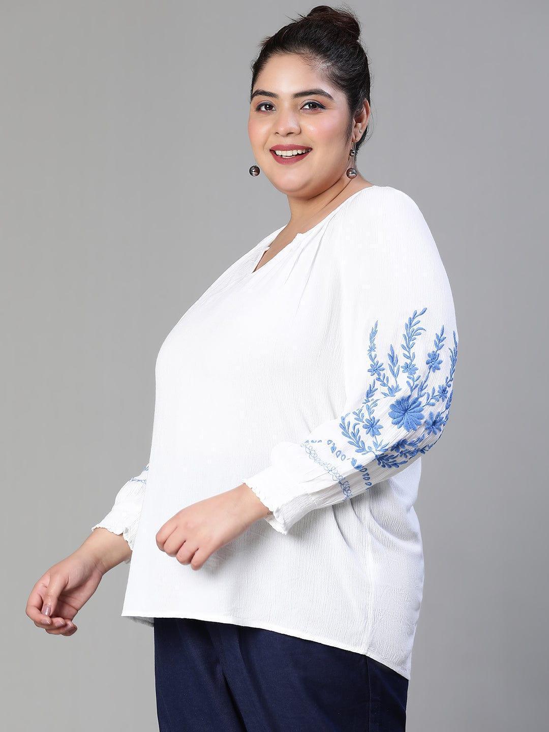Blinged white embroidered plus size women Loopy Top - oxolloxo