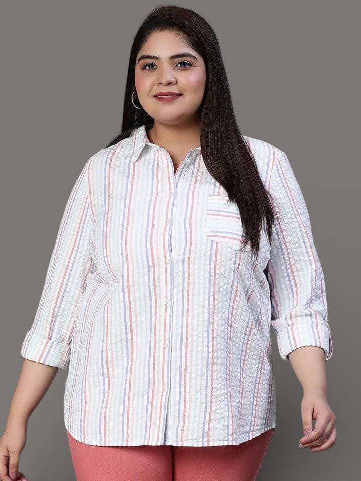 Plus Size Multicolor Stripe Print Cotton Shirt