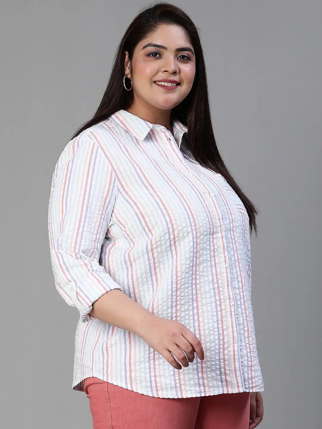 Stubble Stripe Print Multicolor Plus Size Cotton Shirt For Women - oxolloxo