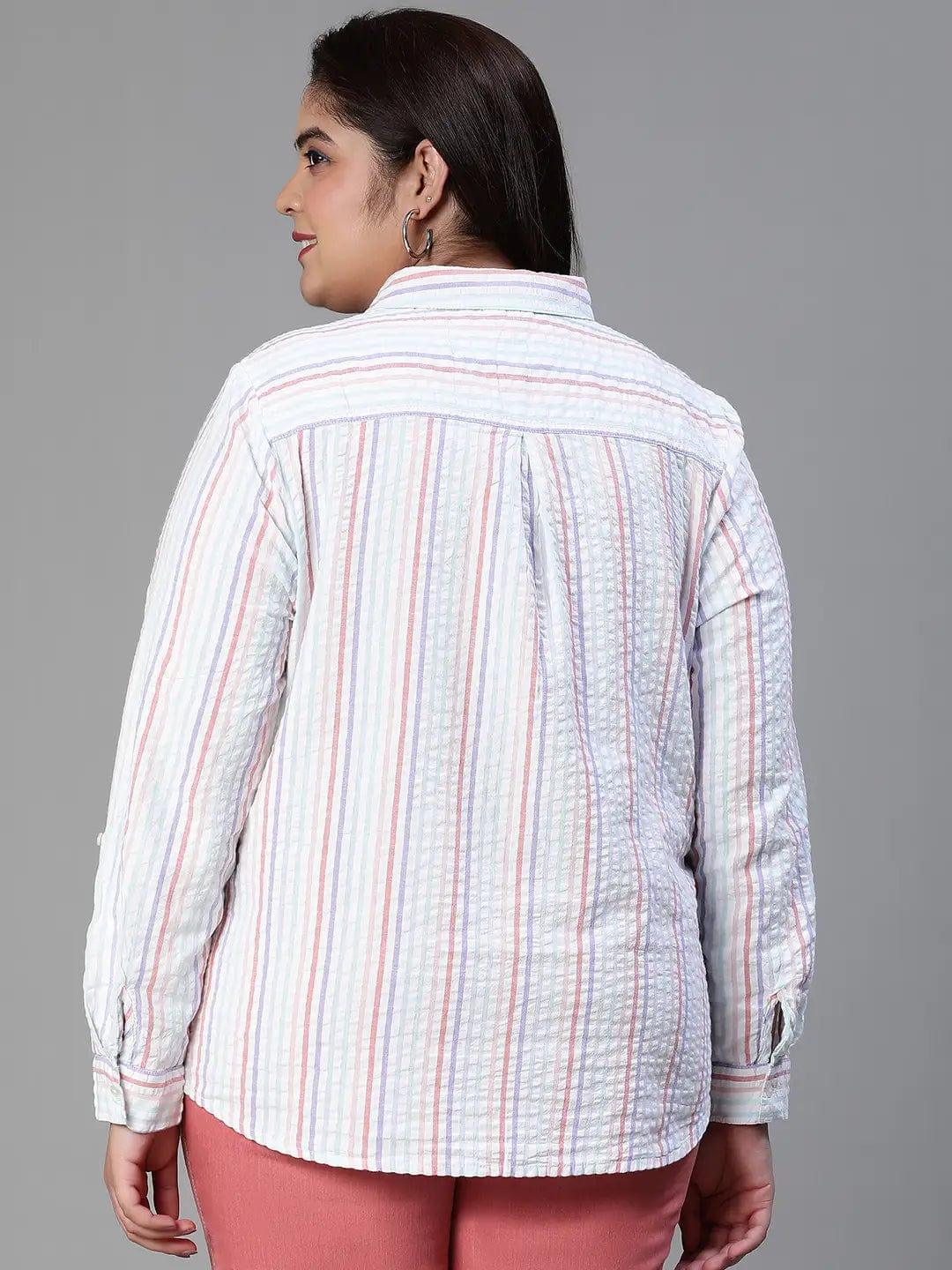Stubble Stripe Print Multicolor Plus Size Cotton Shirt For Women - oxolloxo