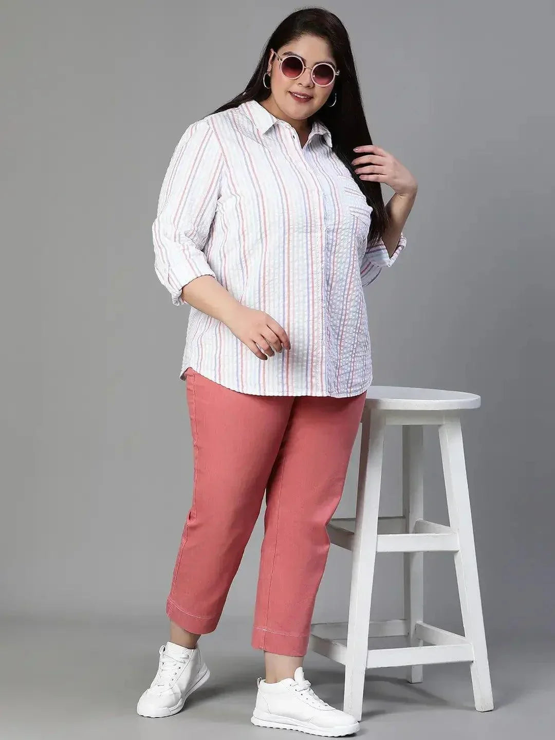 Stubble Stripe Print Multicolor Plus Size Cotton Shirt For Women - oxolloxo