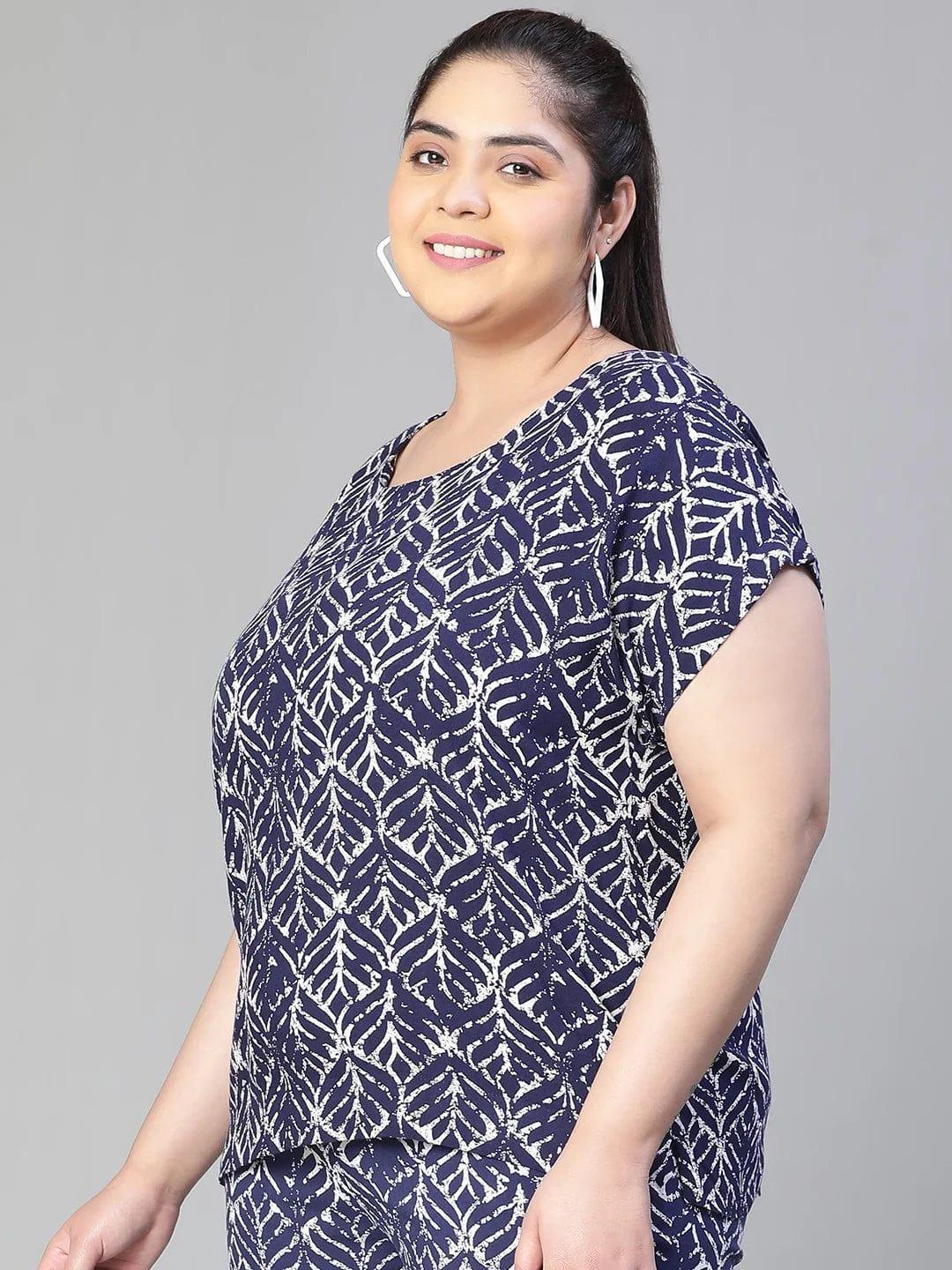 Casual Blue Floral Print Round Neck Short Sleeve Loopy Top - oxolloxo