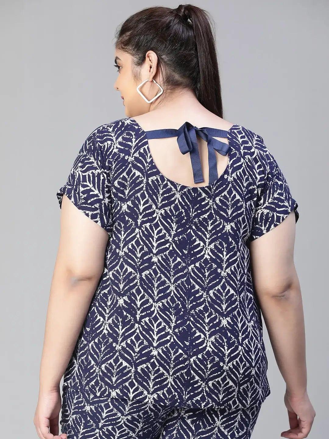 Casual Blue Floral Print Round Neck Short Sleeve Loopy Top - oxolloxo