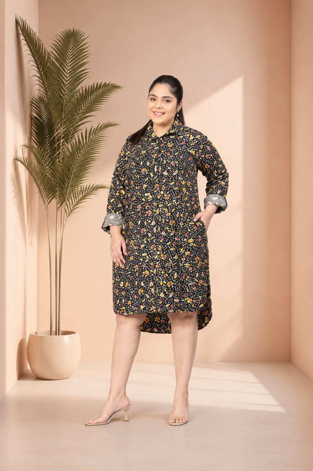 Floral Print Zip Lined High-Low Plus Size Curvy Dress