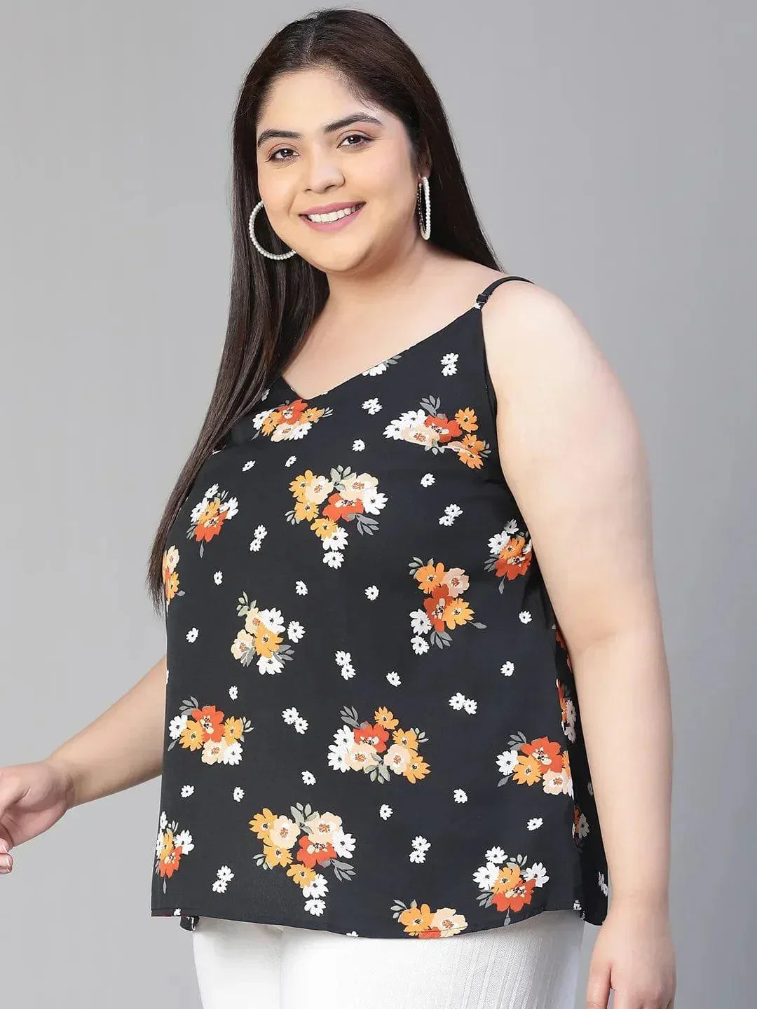 Magnified Black Shoulder Strap Floral Print Plus Size Loopy Top - oxolloxo