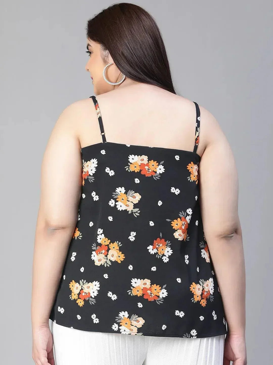 Magnified Black Shoulder Strap Floral Print Plus Size Loopy Top - oxolloxo