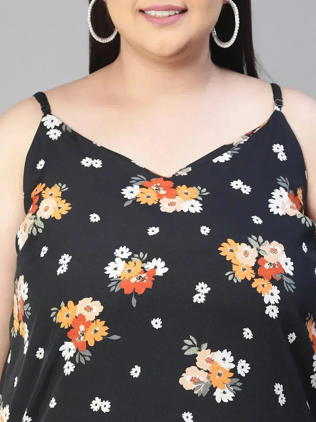 Magnified Black Shoulder Strap Floral Print Plus Size Loopy Top - oxolloxo