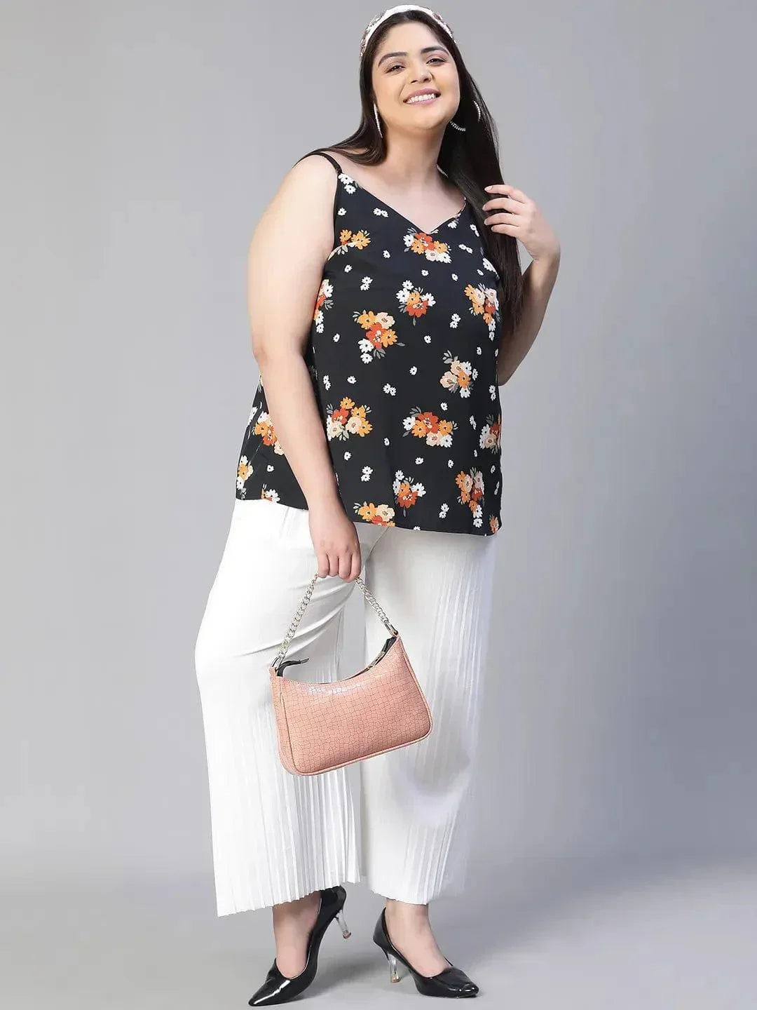 Magnified Black Shoulder Strap Floral Print Plus Size Loopy Top - oxolloxo