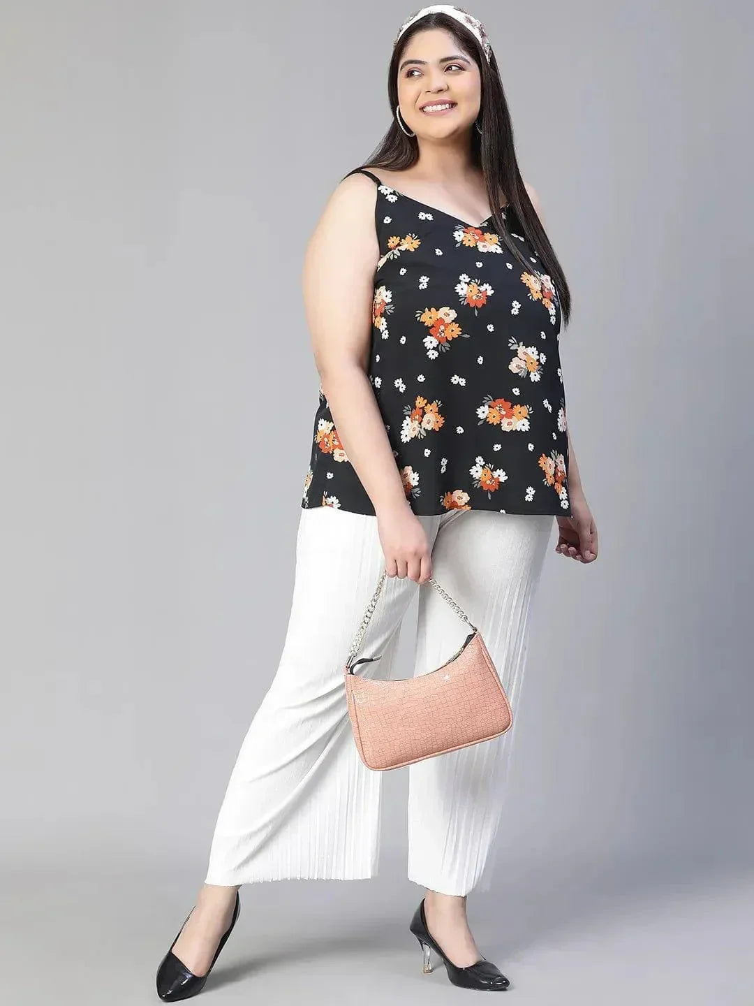 Magnified Black Shoulder Strap Floral Print Plus Size Loopy Top - oxolloxo