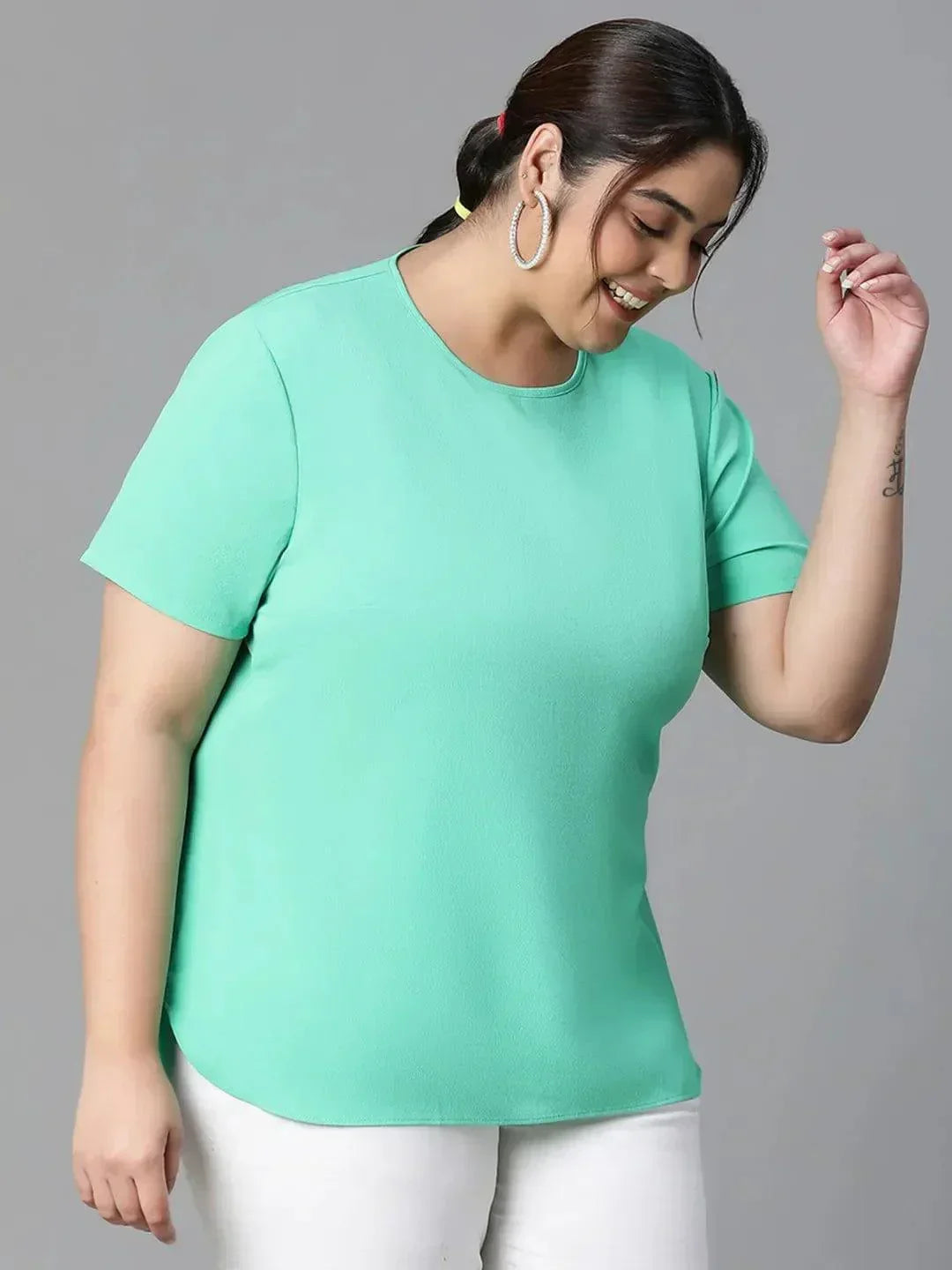 Neon Green Plain Plus Size Women Loopy Top - oxolloxo