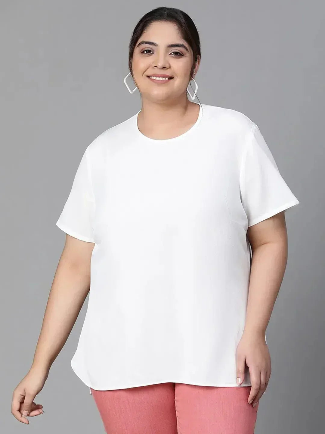 Snowy White Plain Plus Size Women Loopy Top - oxolloxo