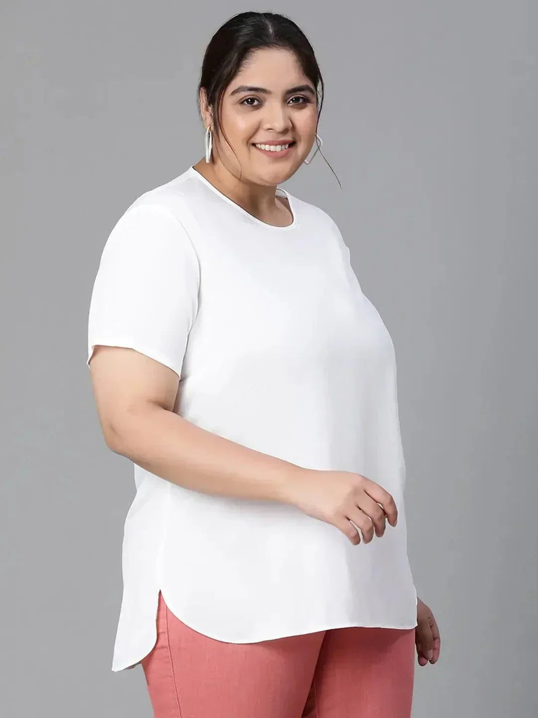 Snowy White Plain Plus Size Women Loopy Top - oxolloxo
