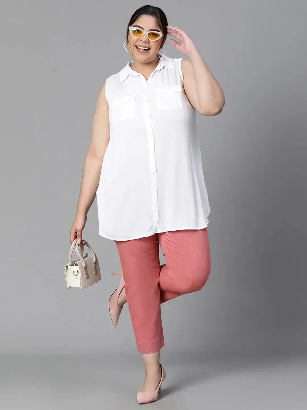 Ethereal White Collared Sleeveless Plus Size Shirt - oxolloxo