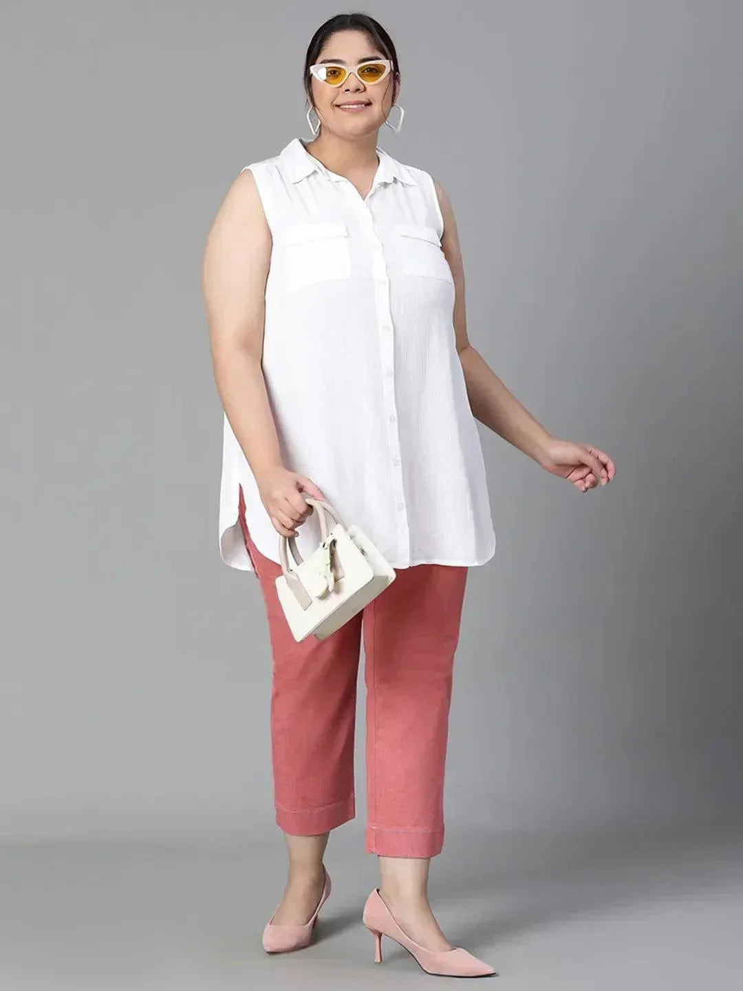 Ethereal White Collared Sleeveless Plus Size Shirt - oxolloxo
