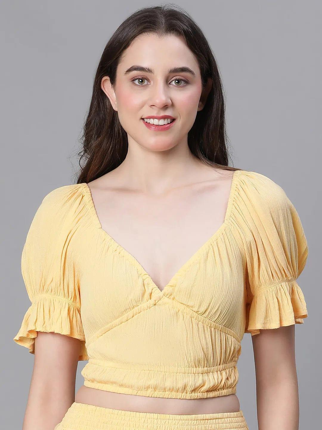 Solid Yellow V-Neck Elasticated Nightwear Crop Women Top - oxolloxo