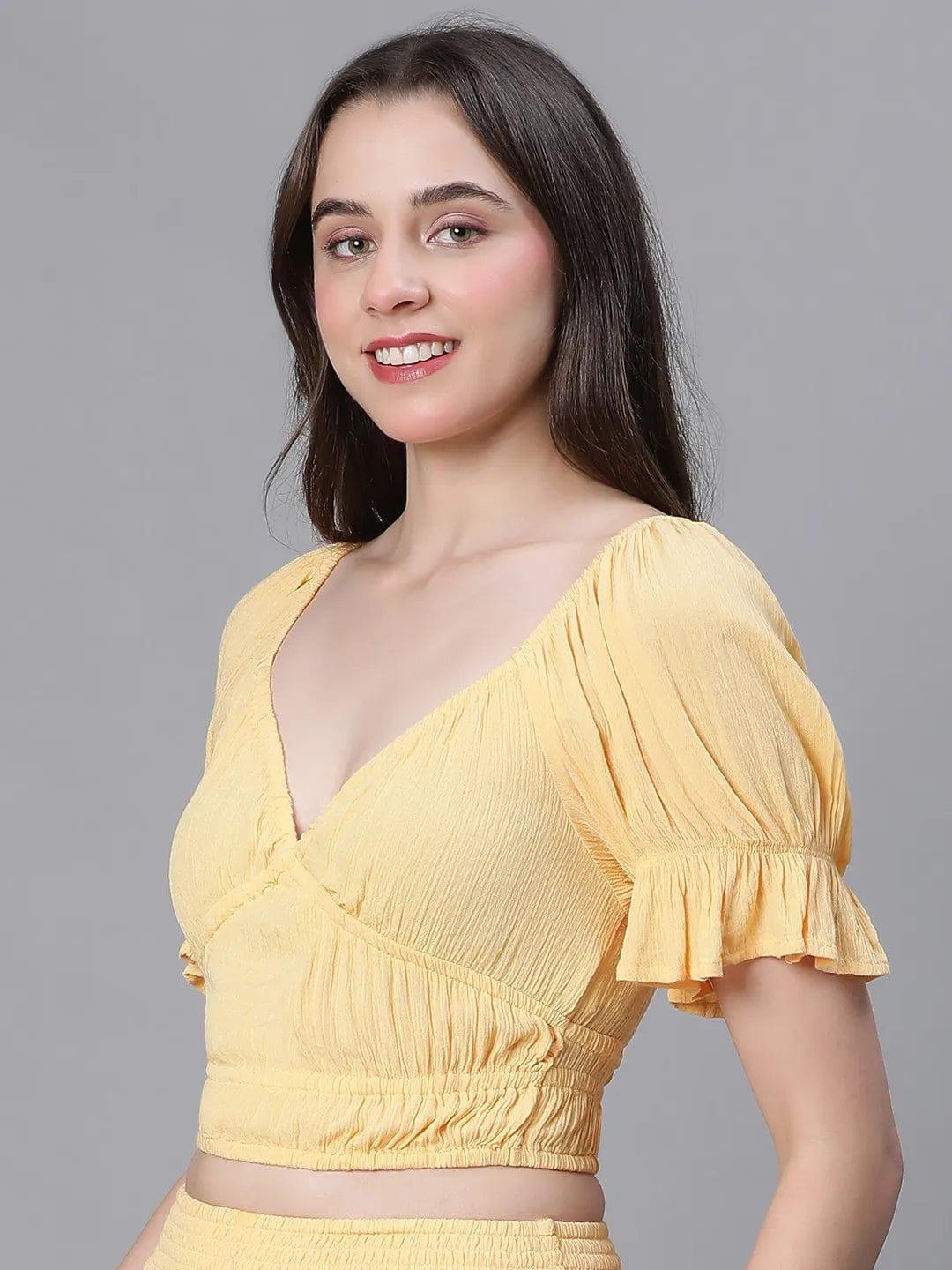 Solid Yellow V-Neck Elasticated Nightwear Crop Women Top - oxolloxo