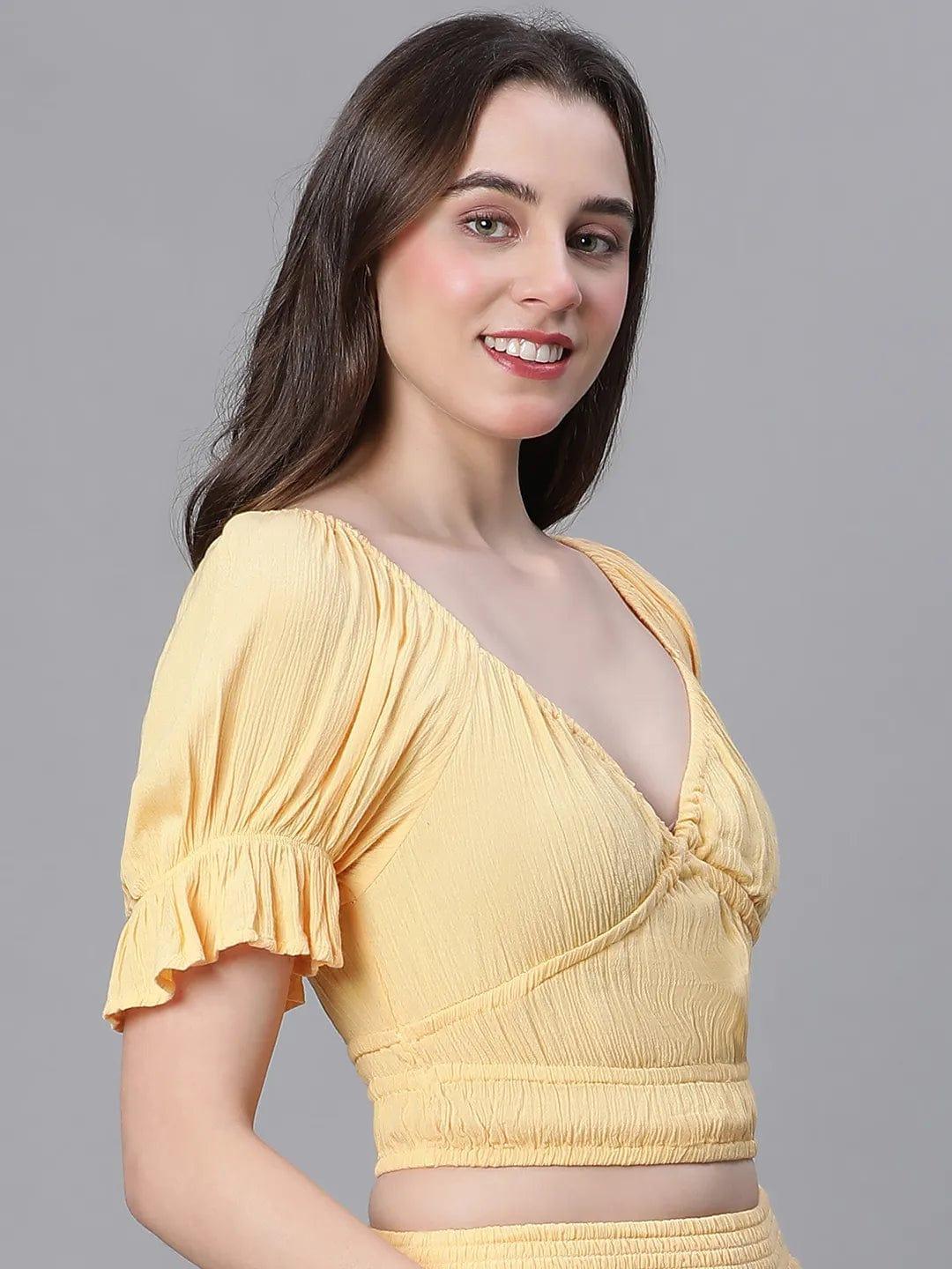 Solid Yellow V-Neck Elasticated Nightwear Crop Women Top - oxolloxo