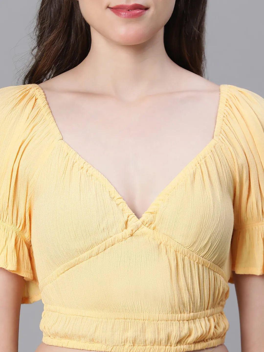 Solid Yellow V-Neck Elasticated Nightwear Crop Women Top - oxolloxo