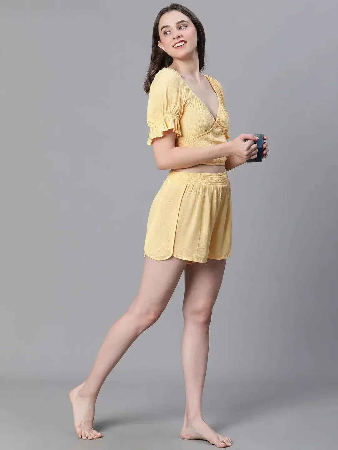 Solid Yellow V-Neck Elasticated Nightwear Crop Women Top - oxolloxo