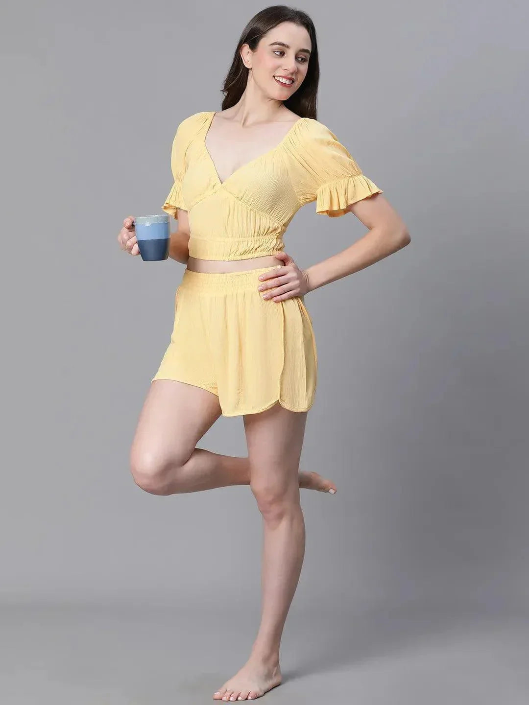 Solid Yellow V-Neck Elasticated Nightwear Crop Women Top - oxolloxo