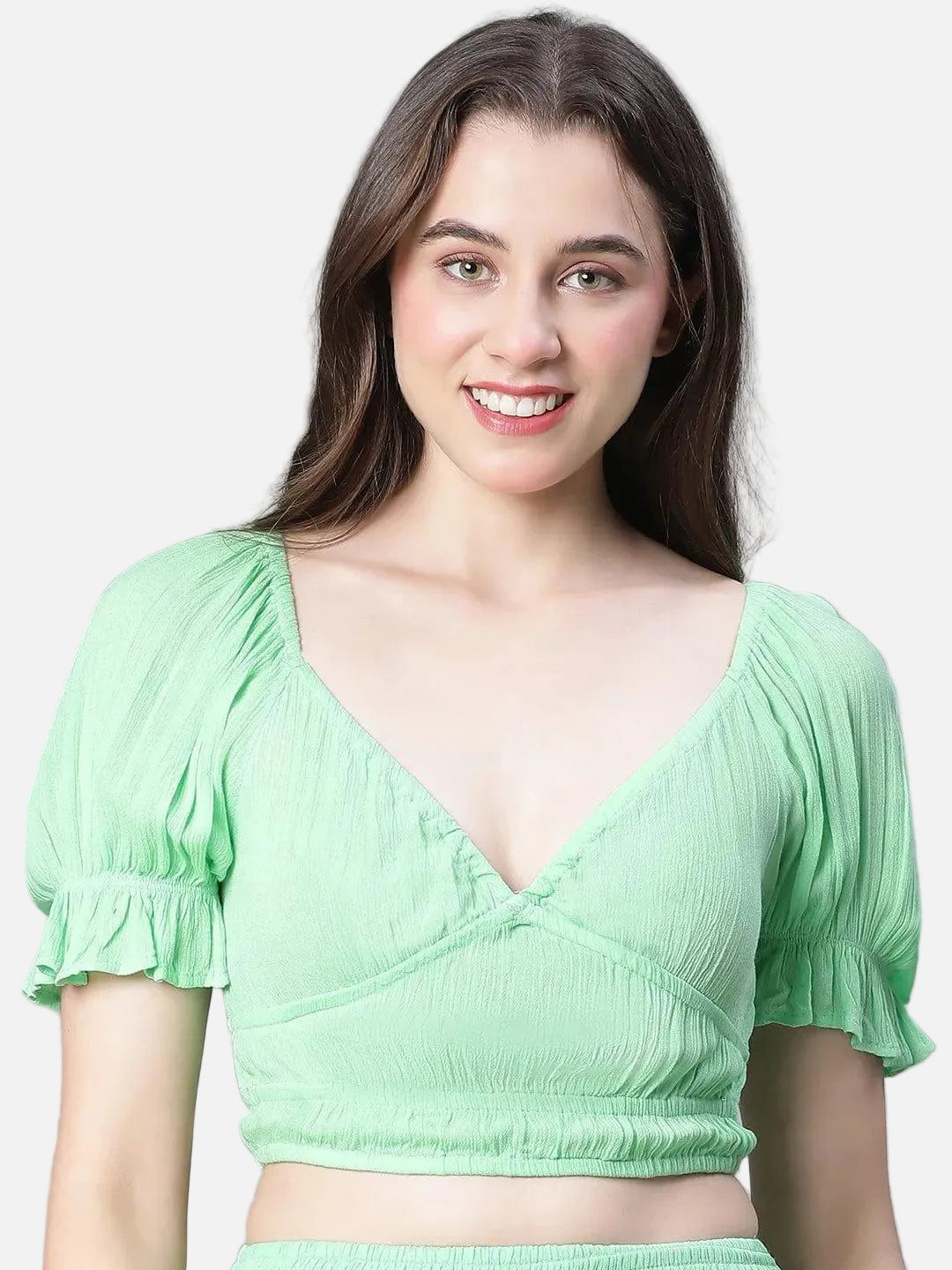 Women Solid Green V-Neck Elasticated Nightwear Crop Women Top - oxolloxo