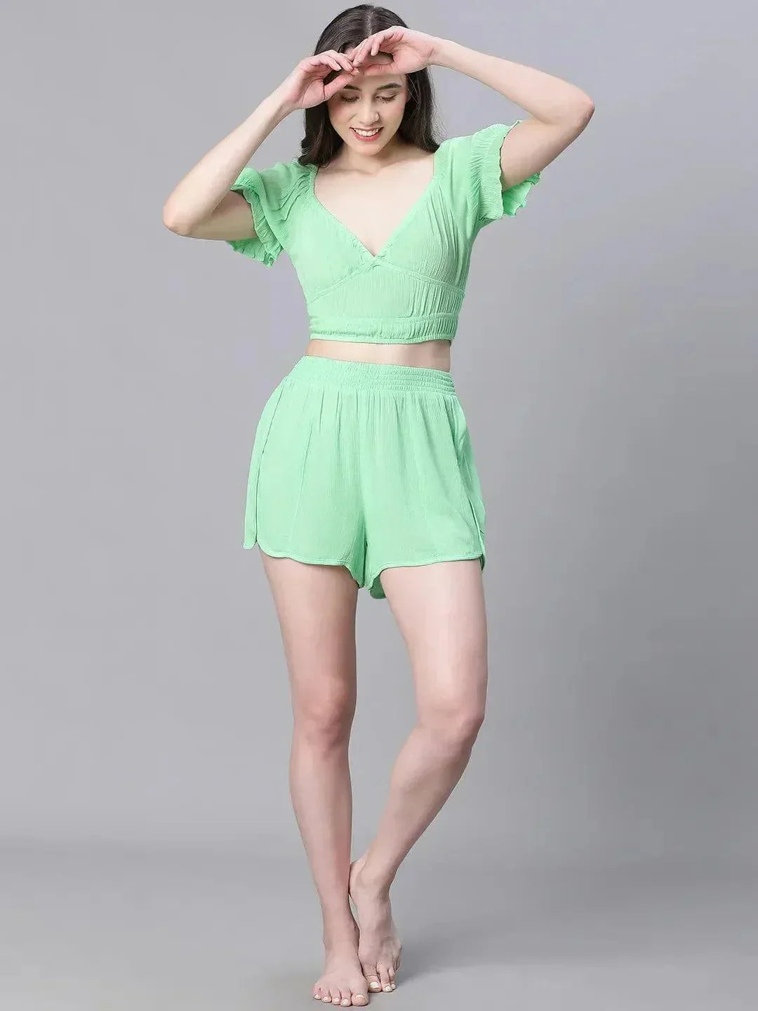 Women Solid Green V-Neck Elasticated Nightwear Crop Women Top - oxolloxo