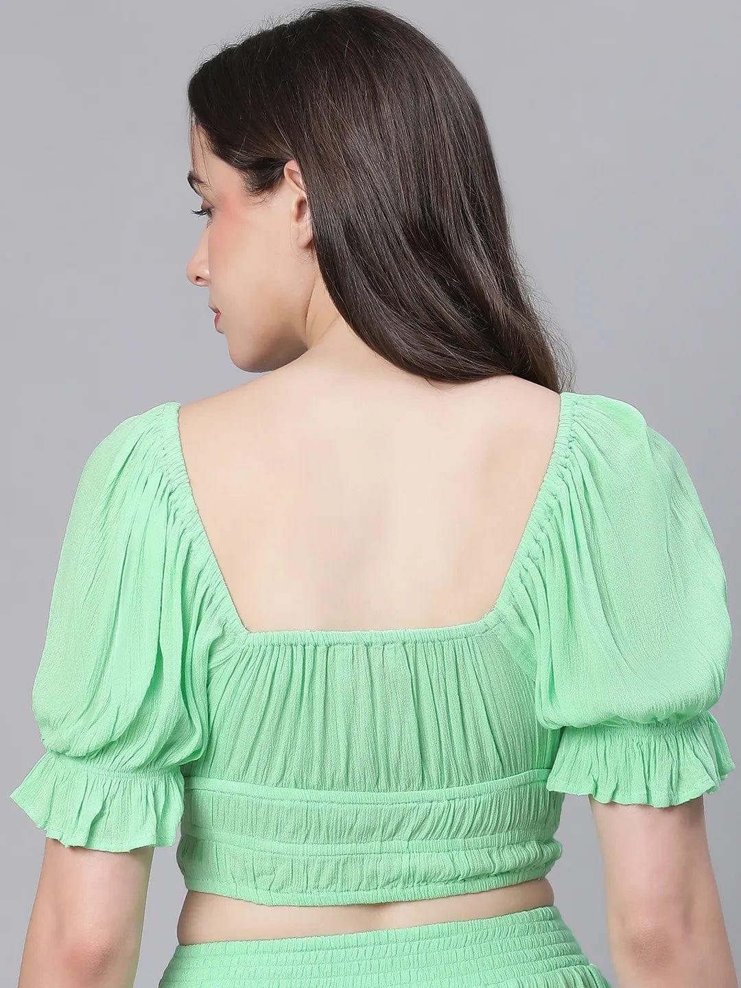 Women Solid Green V-Neck Elasticated Nightwear Crop Women Top - oxolloxo