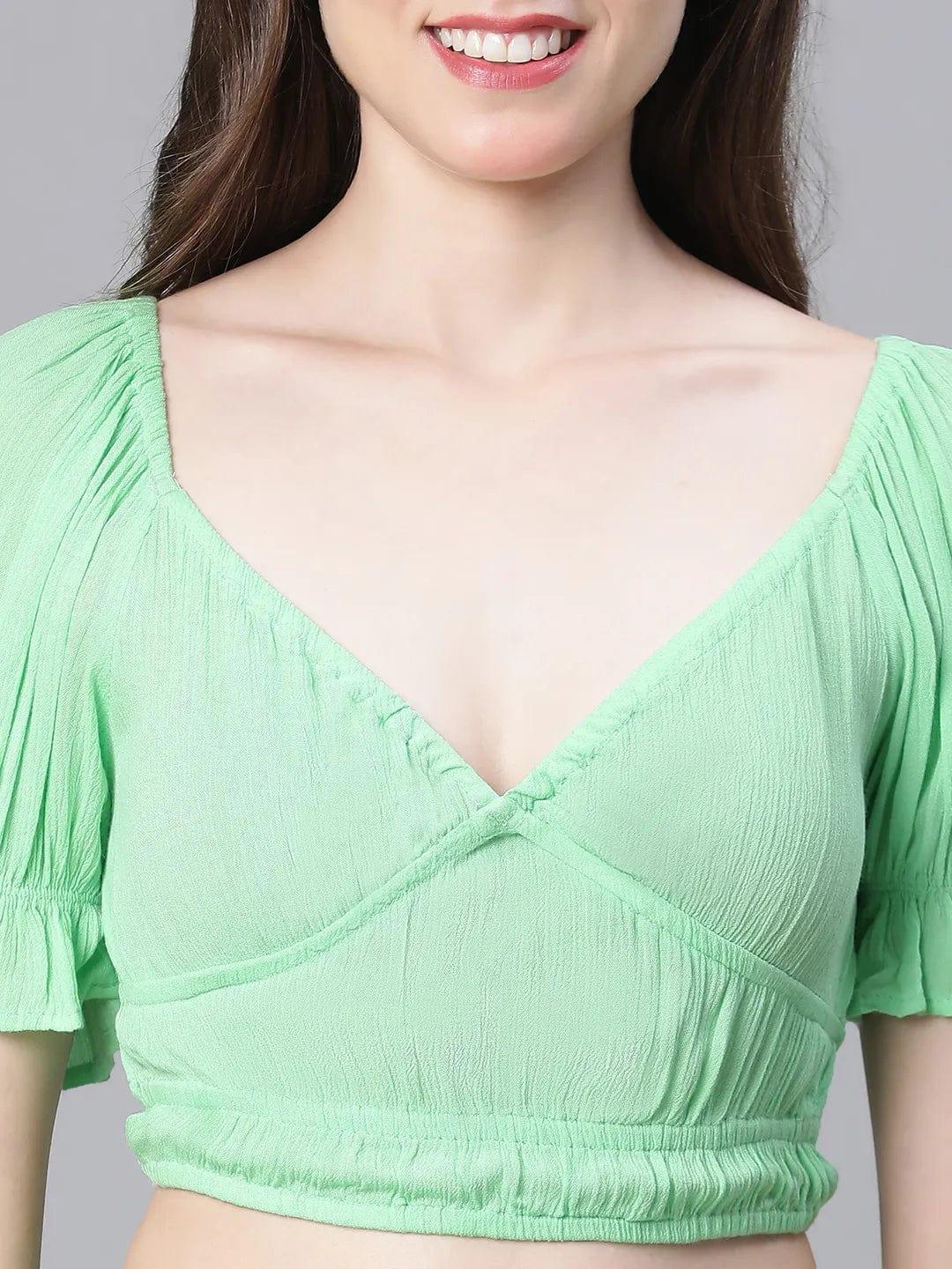 Women Solid Green V-Neck Elasticated Nightwear Crop Women Top - oxolloxo
