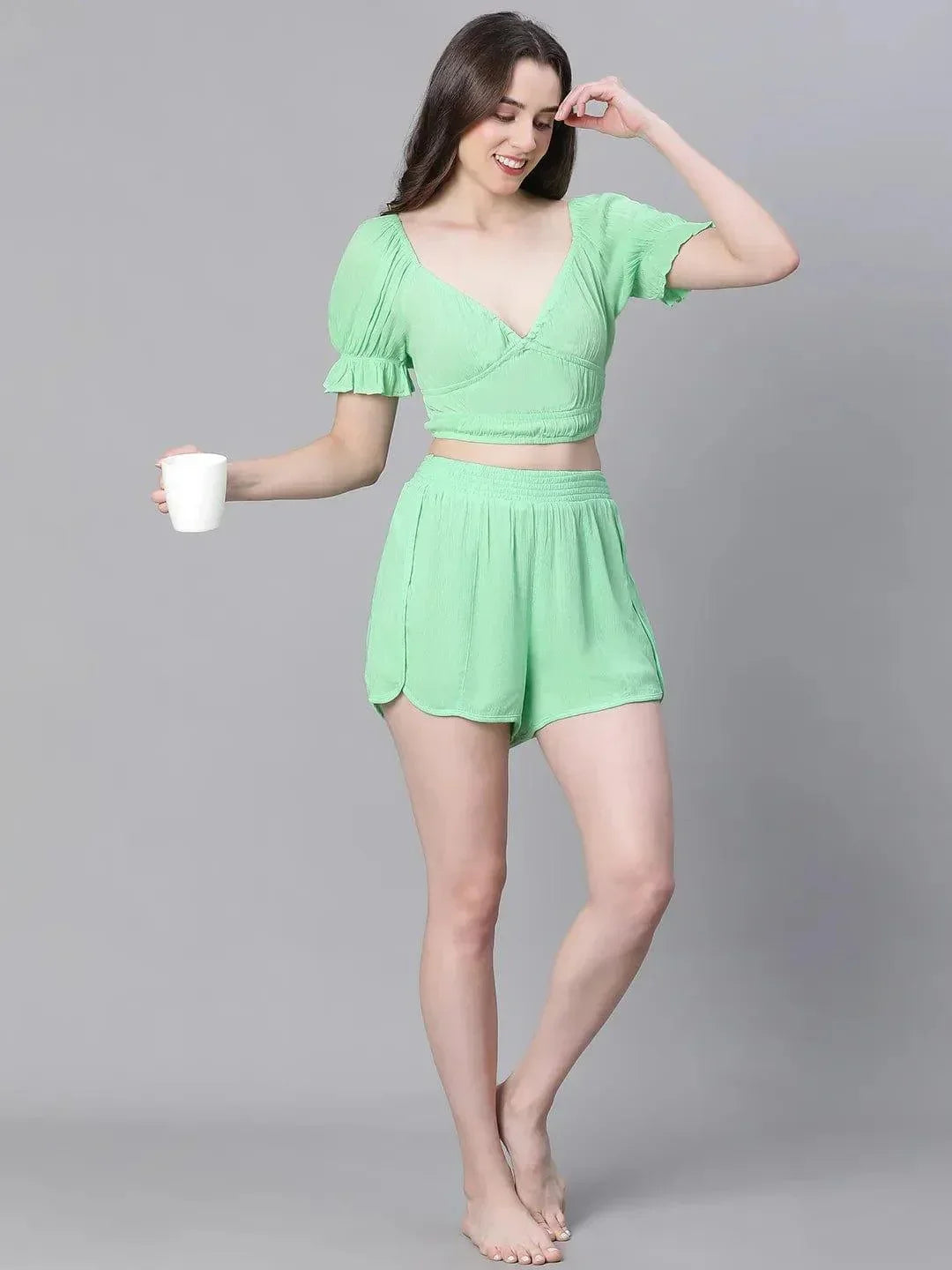 Women Solid Green V-Neck Elasticated Nightwear Crop Women Top - oxolloxo