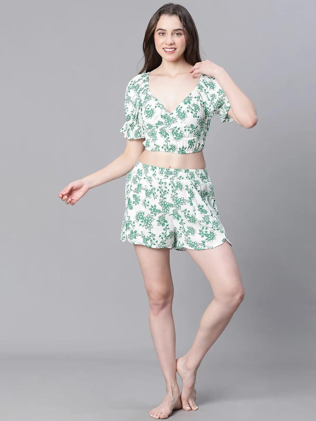 Green Floral Print V-Neck Elasticated Nightwear Crop Women Top - oxolloxo