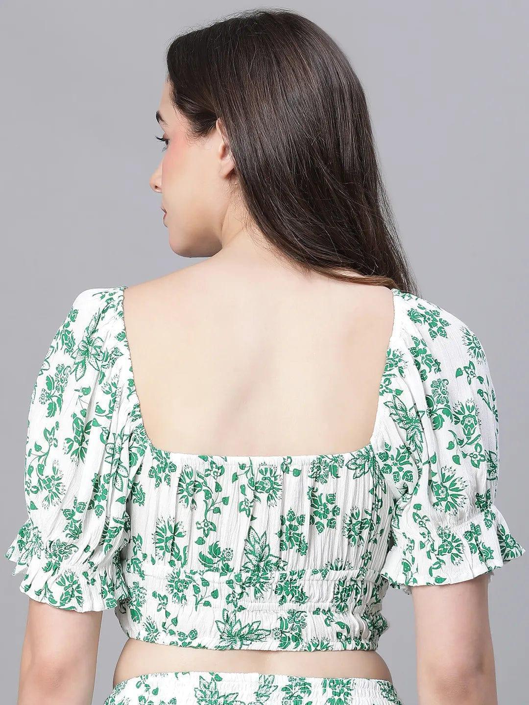 Green Floral Print V-Neck Elasticated Nightwear Crop Women Top - oxolloxo