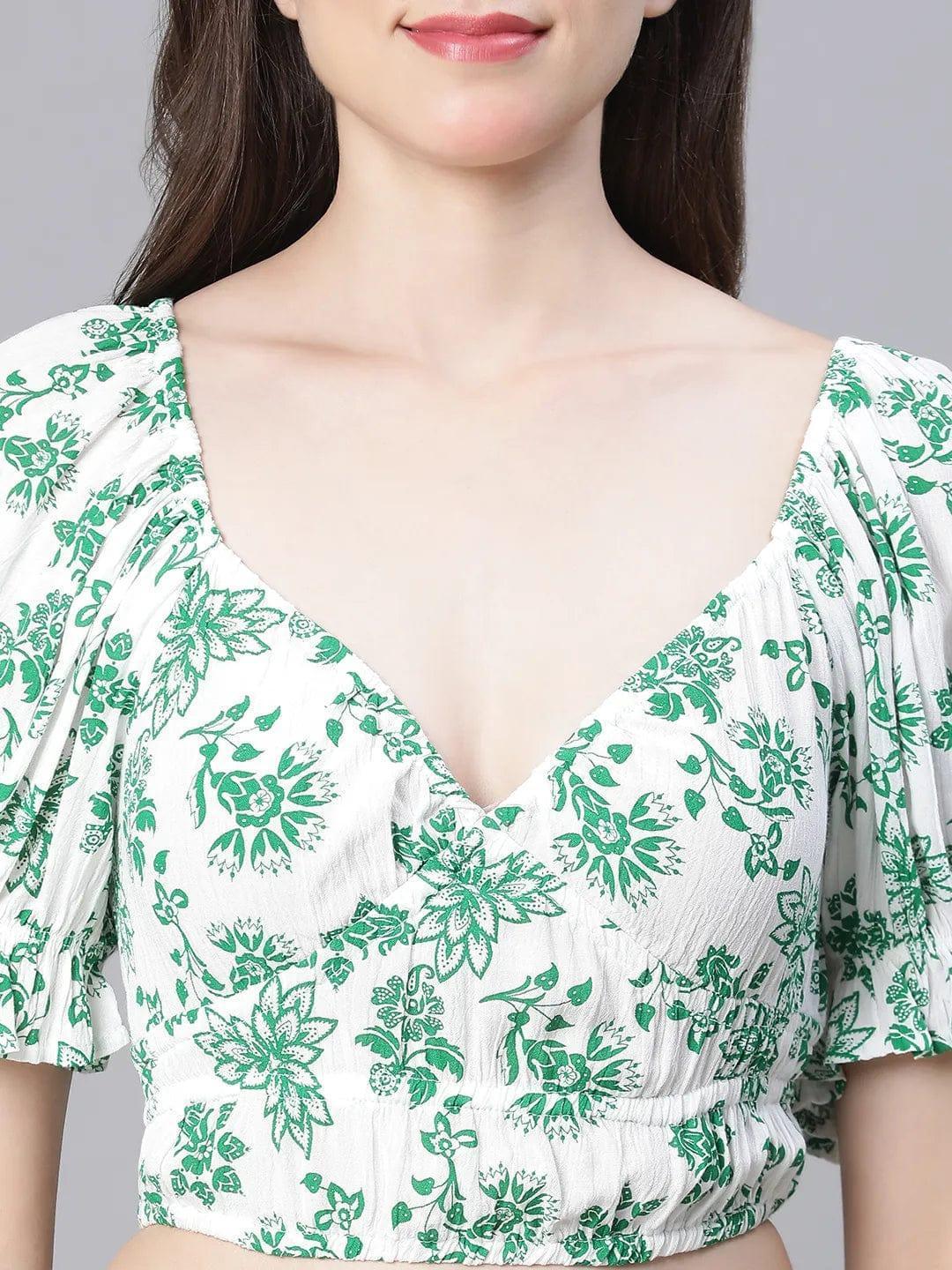 Green Floral Print V-Neck Elasticated Nightwear Crop Women Top - oxolloxo