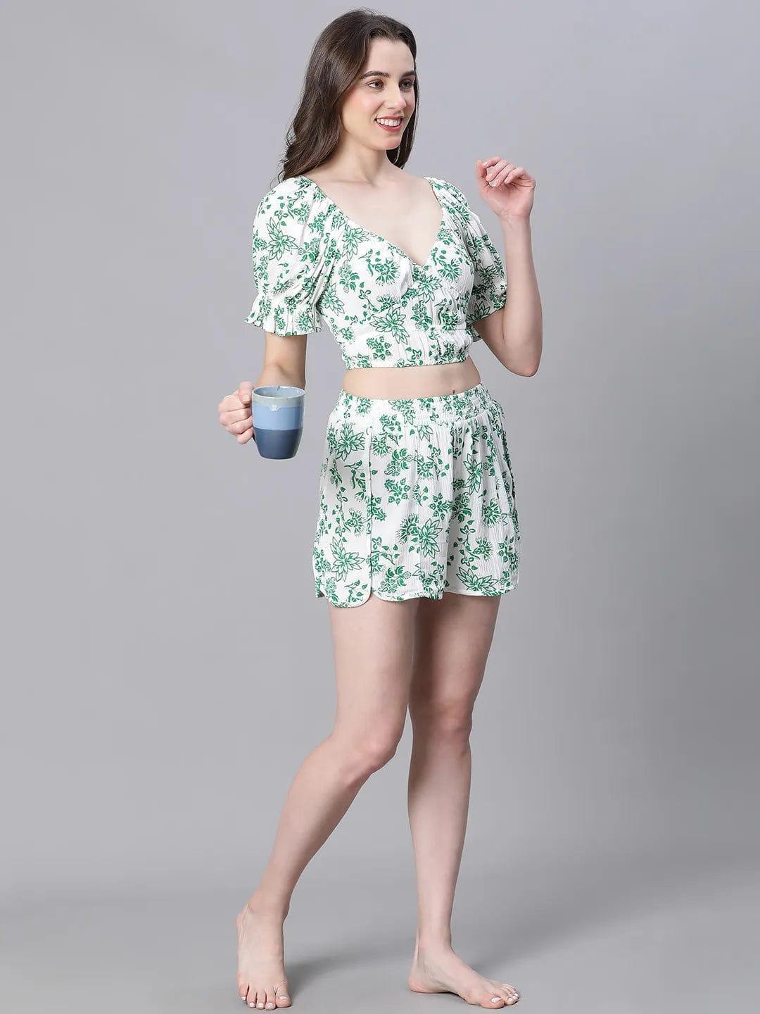 Green Floral Print V-Neck Elasticated Nightwear Crop Women Top - oxolloxo