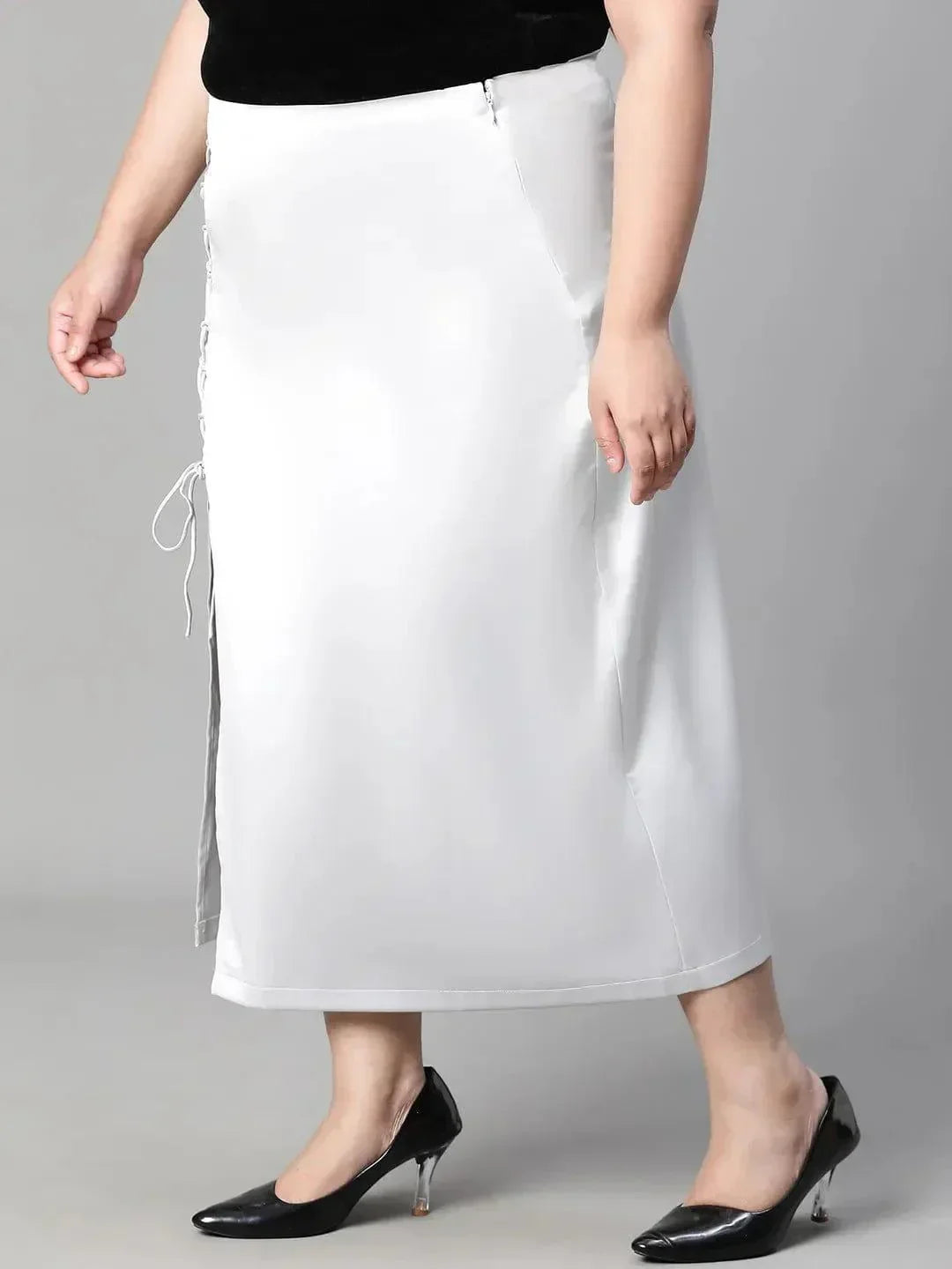 Grey Zig-Zag Detailed Slit Cut Satin Plus Size Skirt - oxolloxo