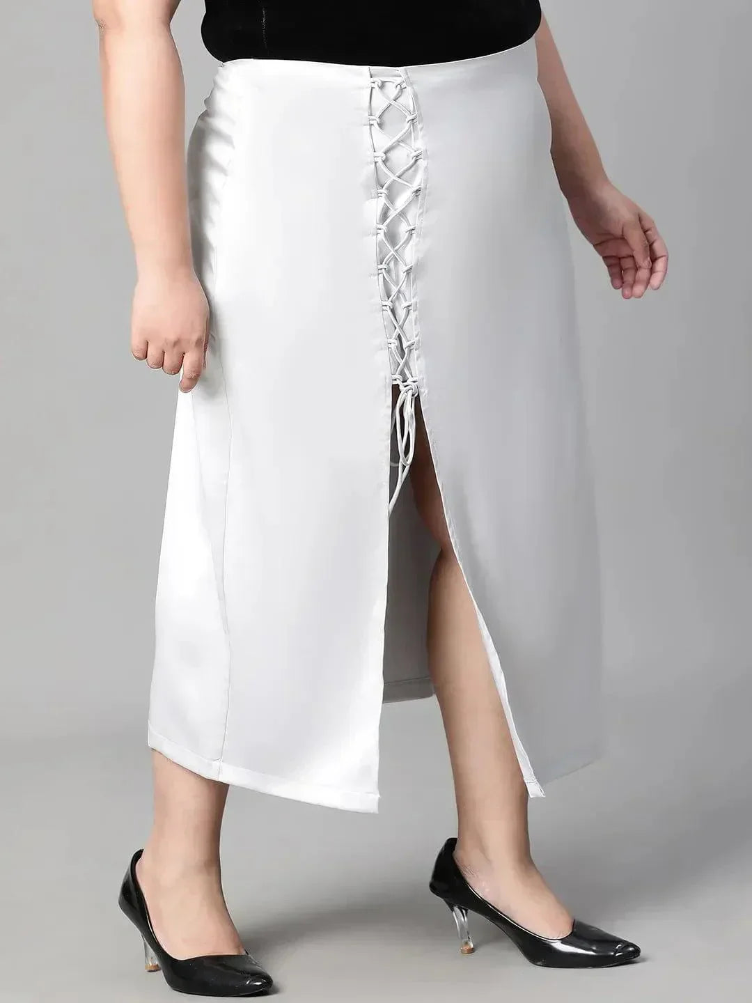 Grey Zig-Zag Detailed Slit Cut Satin Plus Size Skirt - oxolloxo