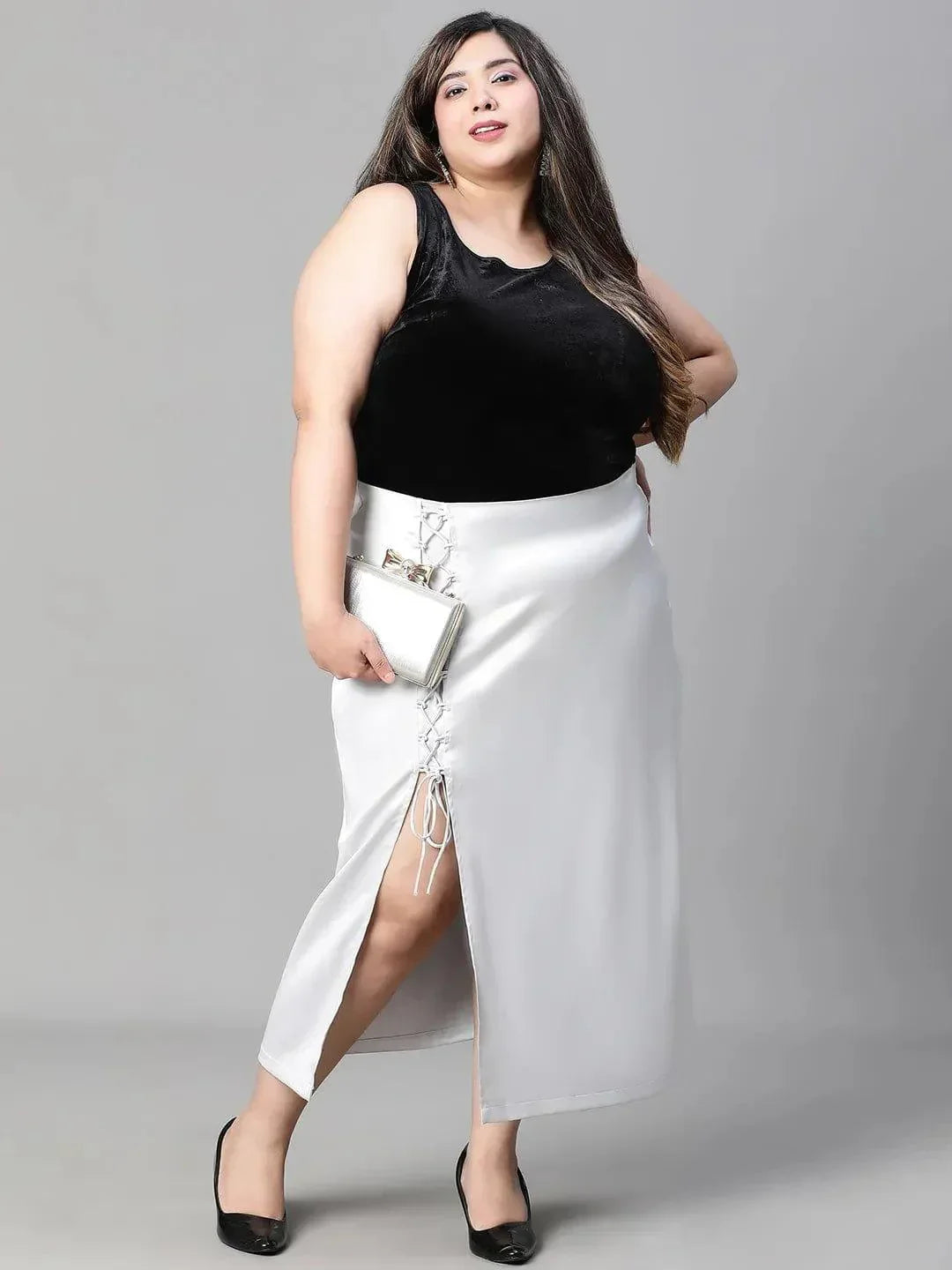 Grey Zig-Zag Detailed Slit Cut Satin Plus Size Skirt - oxolloxo