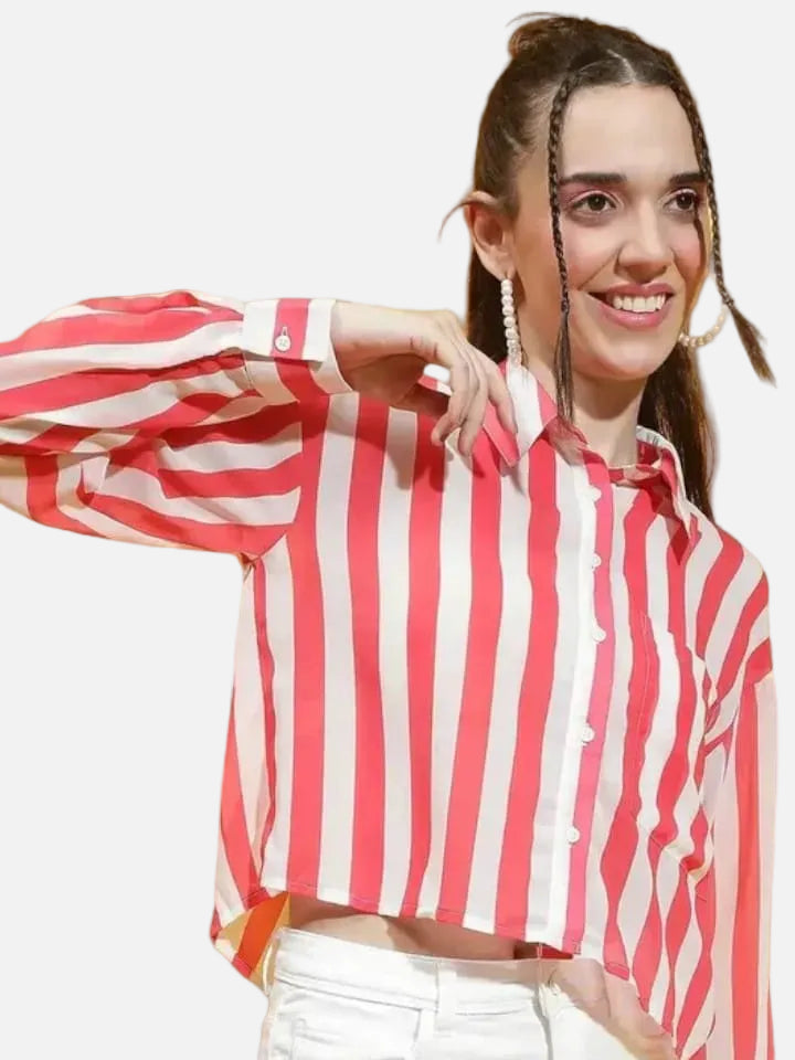 Red Stripe Print Crop Shirt