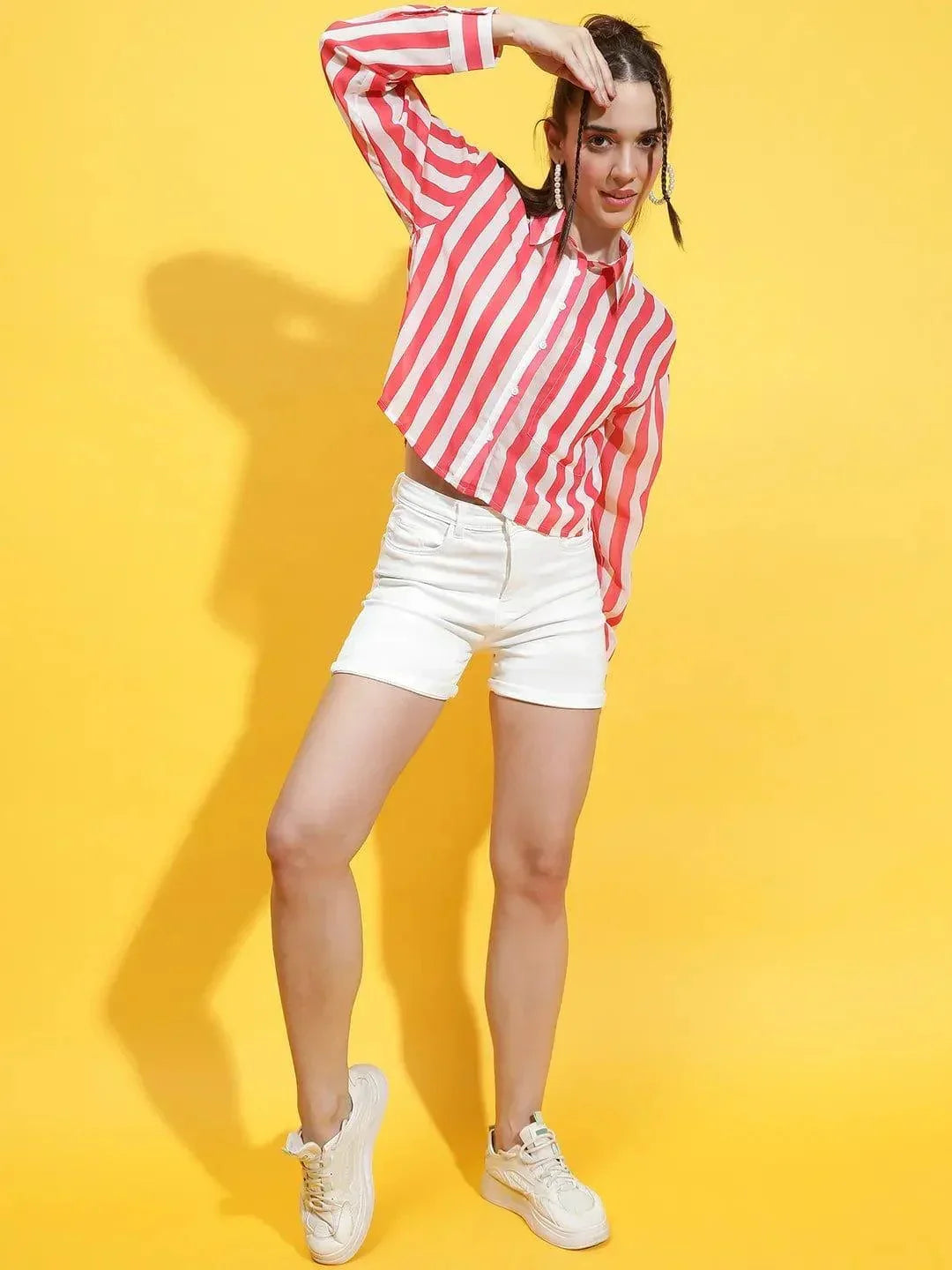 Red Stripe Print Crop Shirt