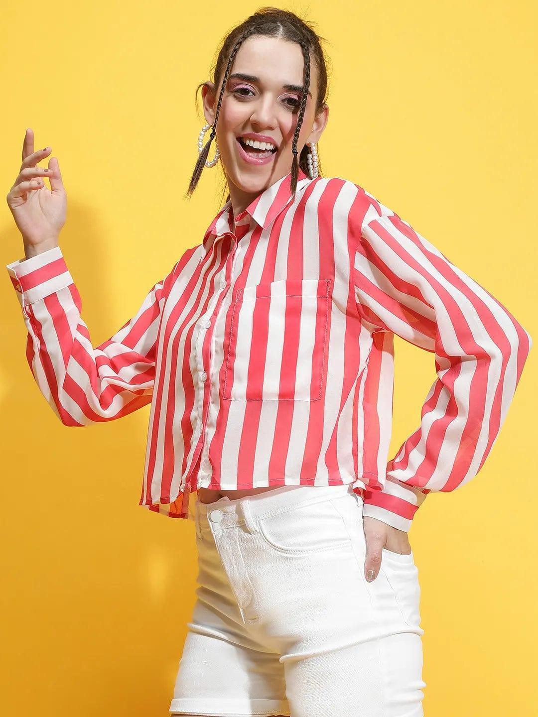 Red Stripe Print Crop Shirt