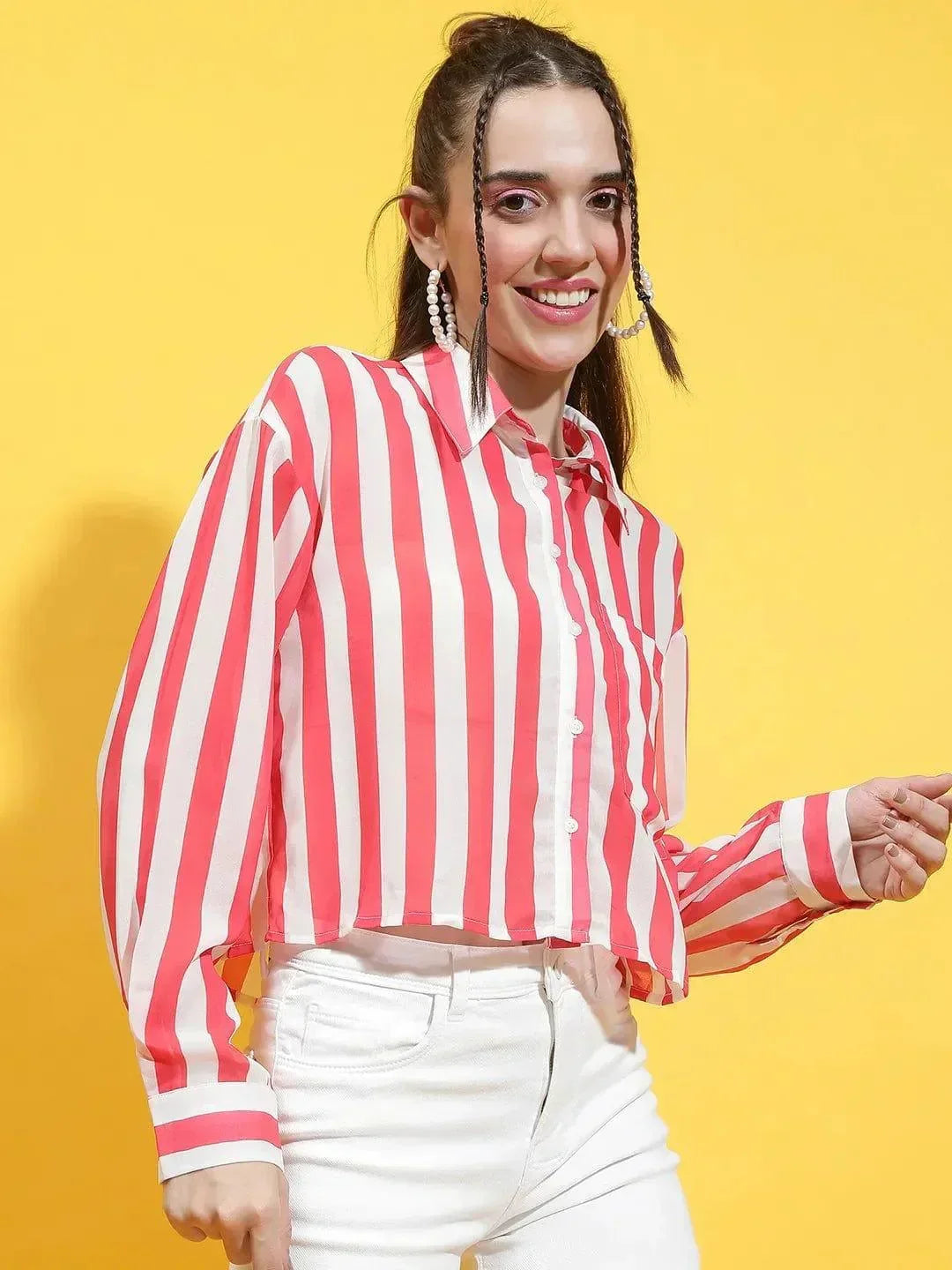 Red Stripe Print Crop Shirt