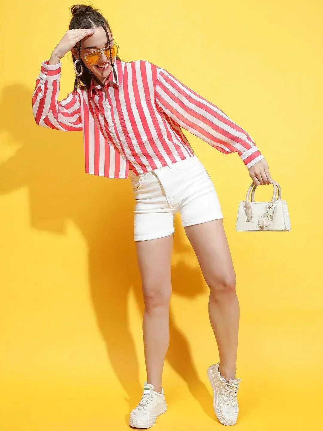 Red Stripe Print Crop Shirt