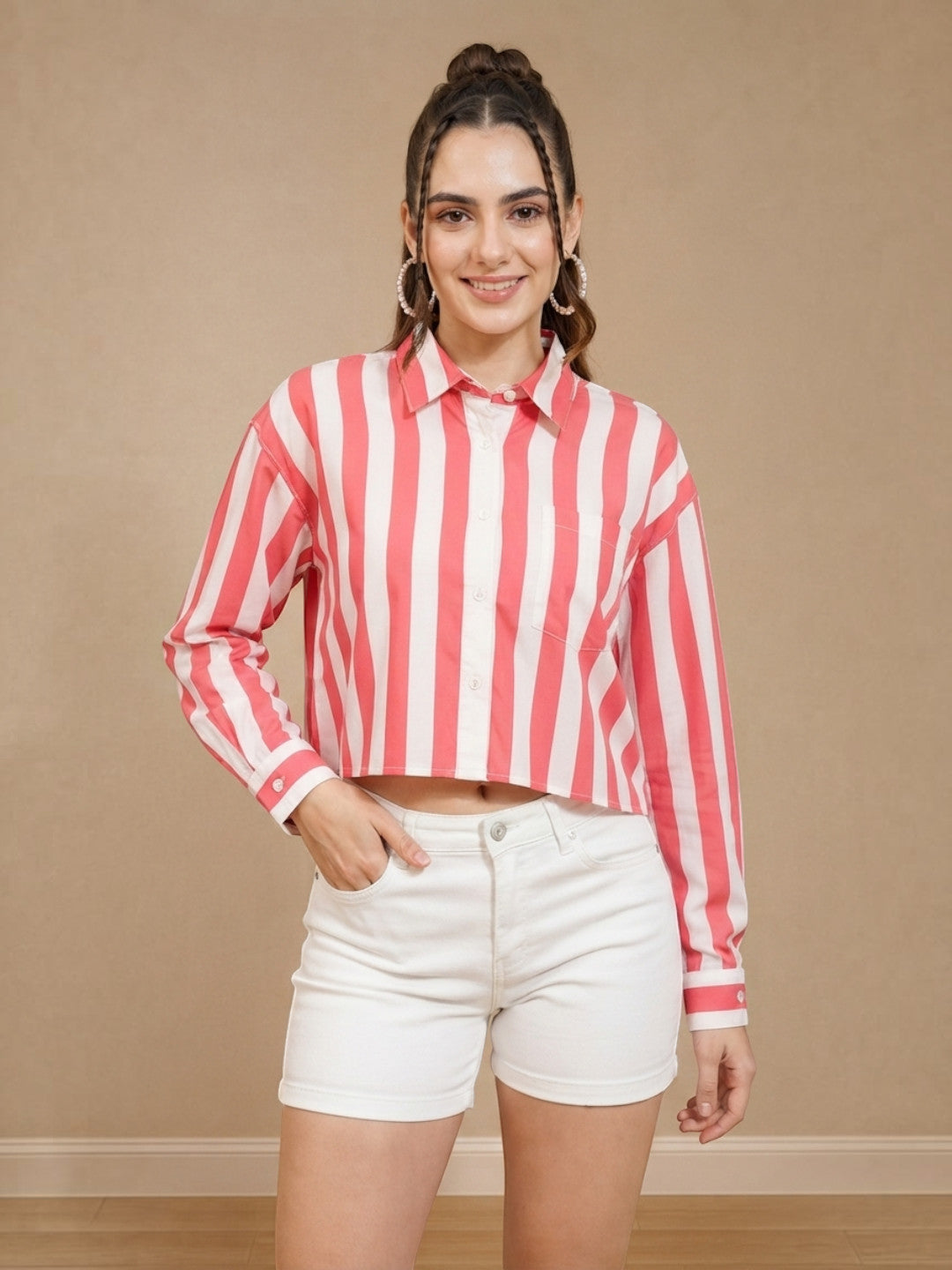 Red Stripe Print Crop Shirt