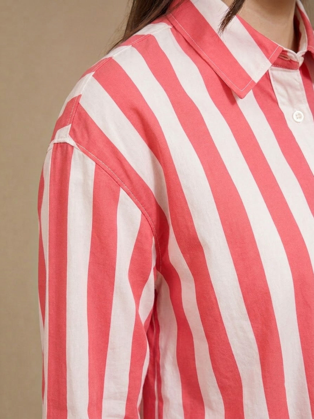 Pink and white striped button-up shirt for women, plus size fashion