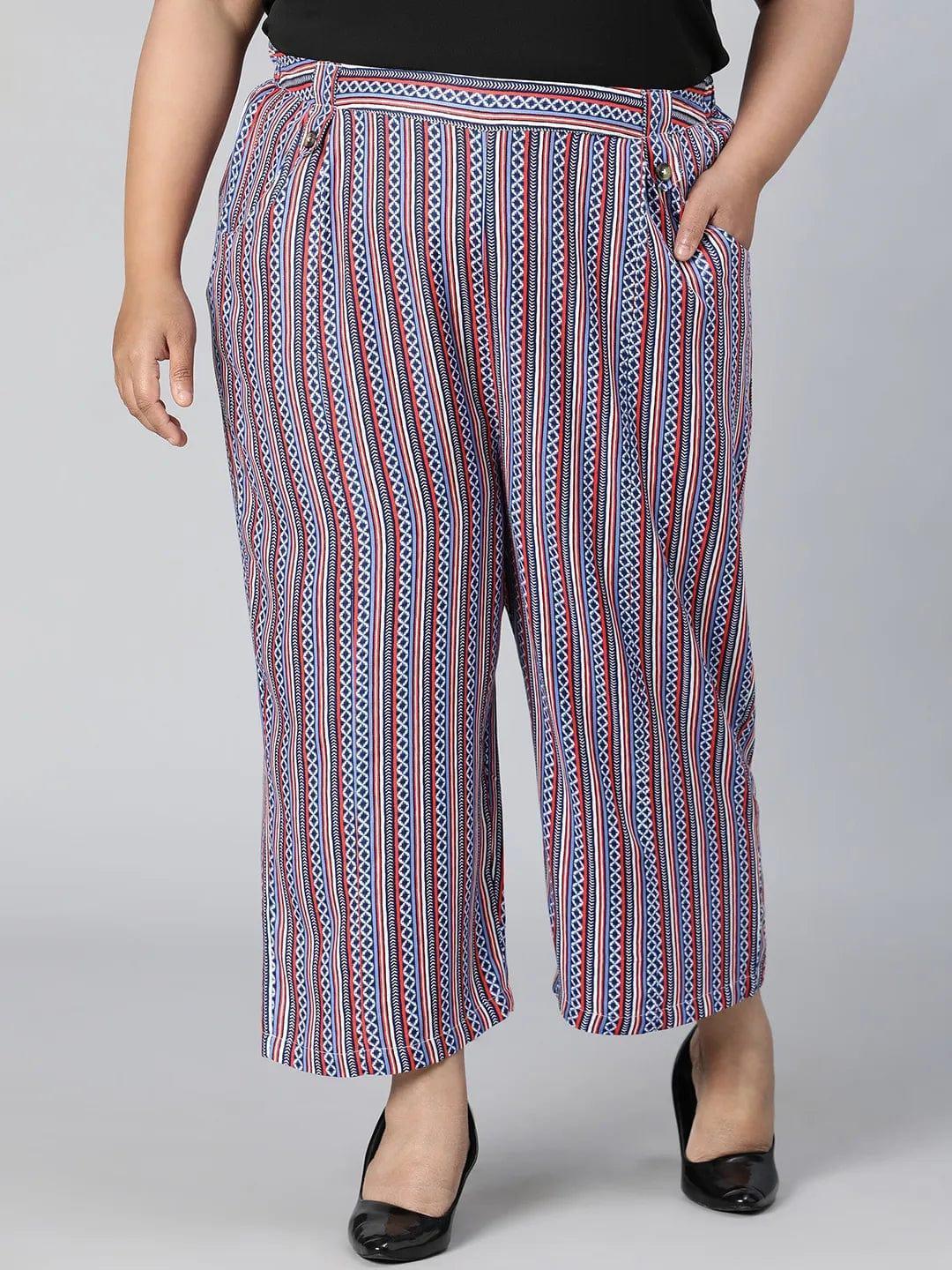 Trendy Multicolor Stripe Print Elasticated Plus Size Pant - oxolloxo