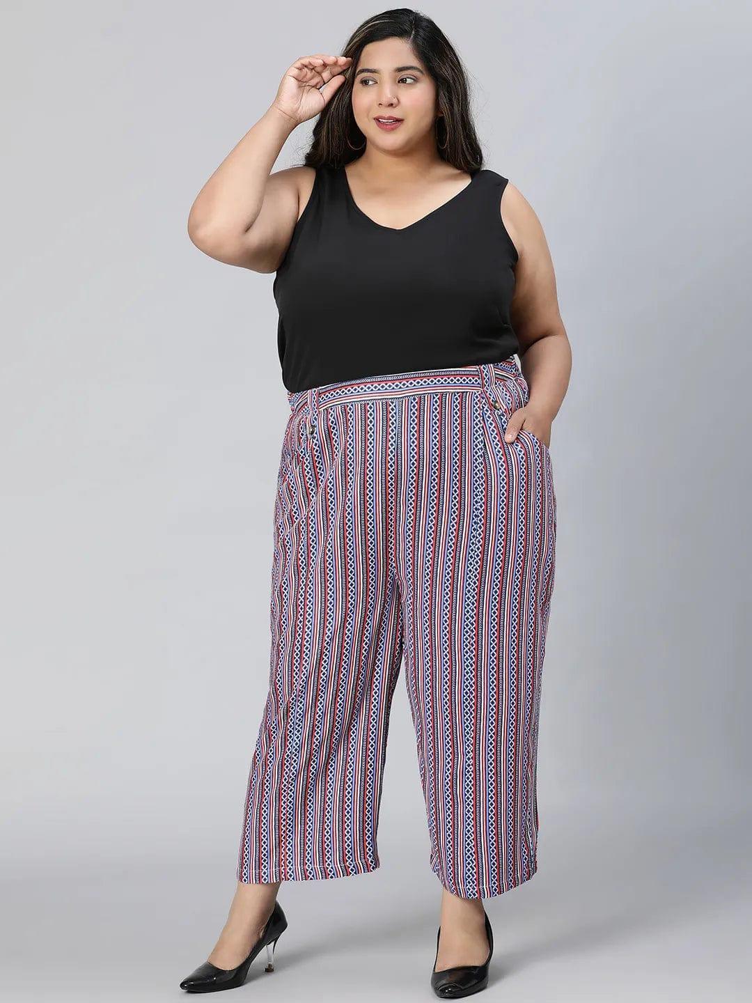 Trendy Multicolor Stripe Print Elasticated Plus Size Pant - oxolloxo