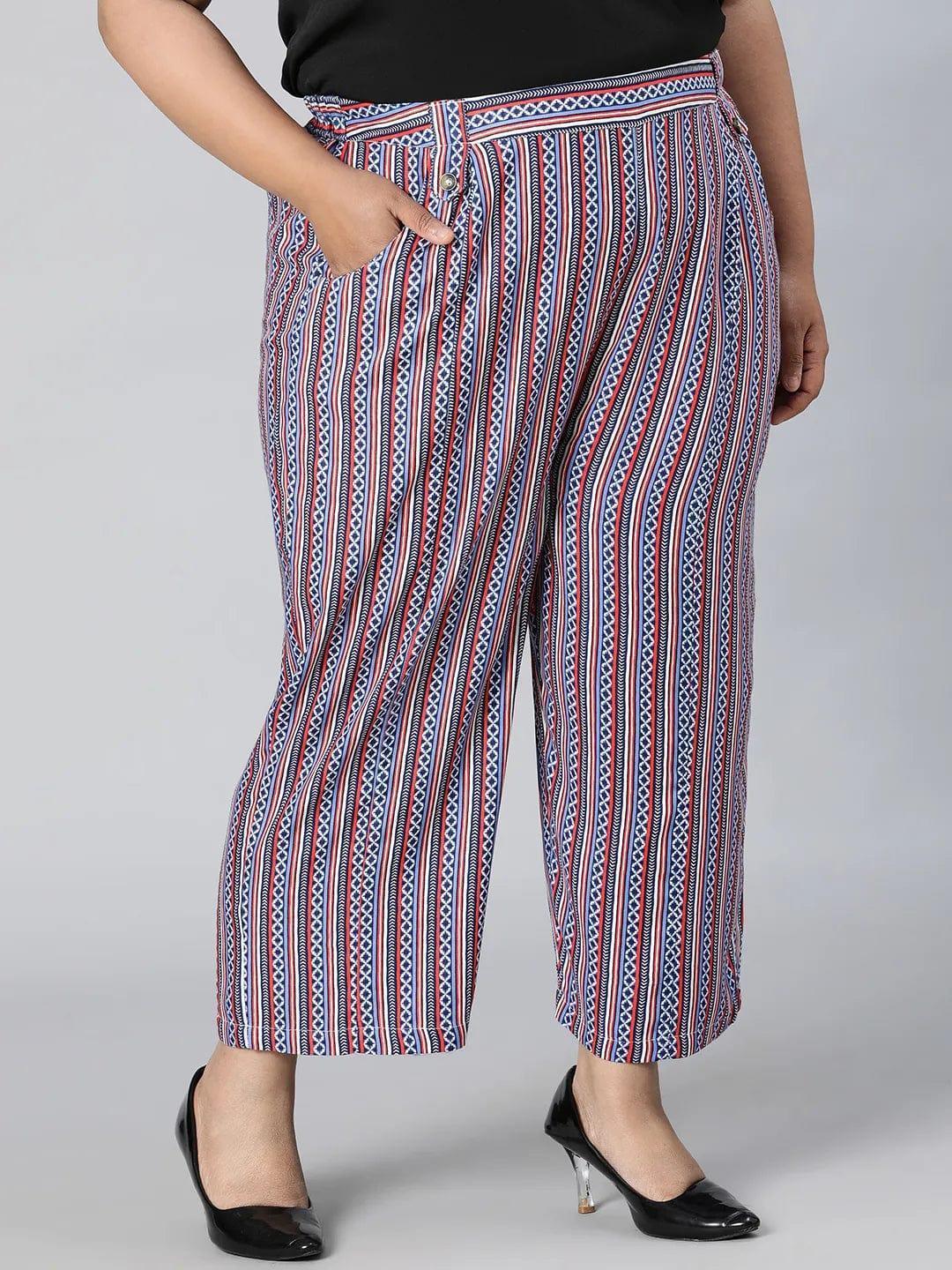 Trendy Multicolor Stripe Print Elasticated Plus Size Pant - oxolloxo