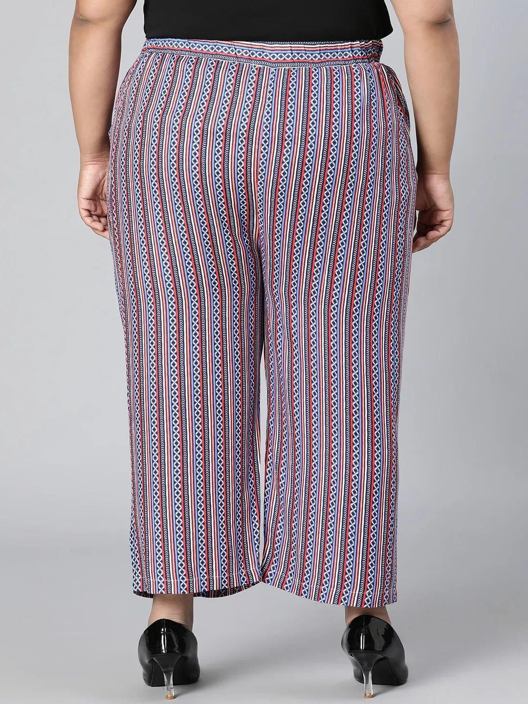 Trendy Multicolor Stripe Print Elasticated Plus Size Pant - oxolloxo