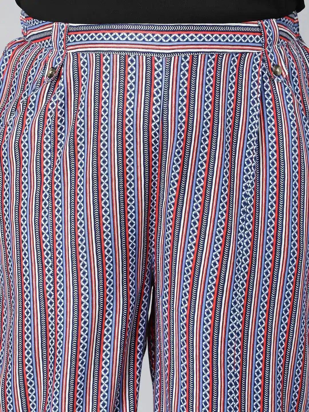 Trendy Multicolor Stripe Print Elasticated Plus Size Pant - oxolloxo